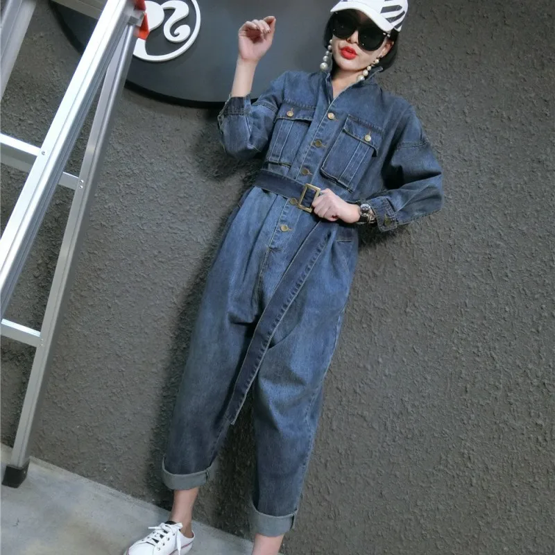 Женский джинсовый комбинезон с поясом Свободный Повседневный Комбинезон
