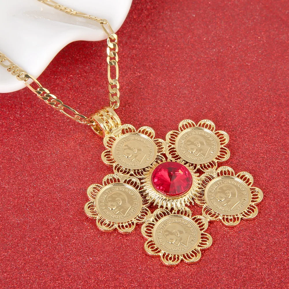 Ethiopian Red Blue Green Stone Cross Pendant Necklace Women Men Jewelry Africa Coin Eritrea Habesha | Украшения и аксессуары