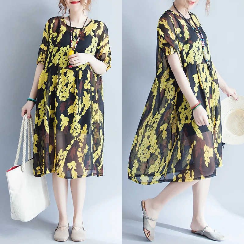 Yzeqi Women Bohemian Vintage Summer Dress Print Short Regular Thin Loose Big Swing Ladies Beach Casual Elegant Dresses | Женская одежда