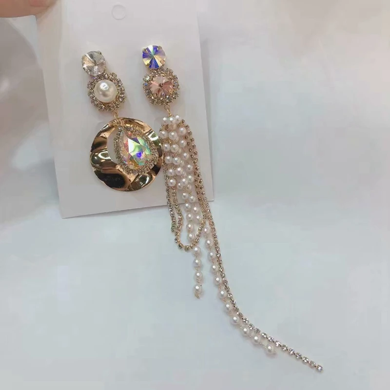 Корейские длинные висячие серьги для женщин, букле d'oreille femme, асимметричные серьги, Кристальные блестящие серьги Brincos с искусственным жемчугом