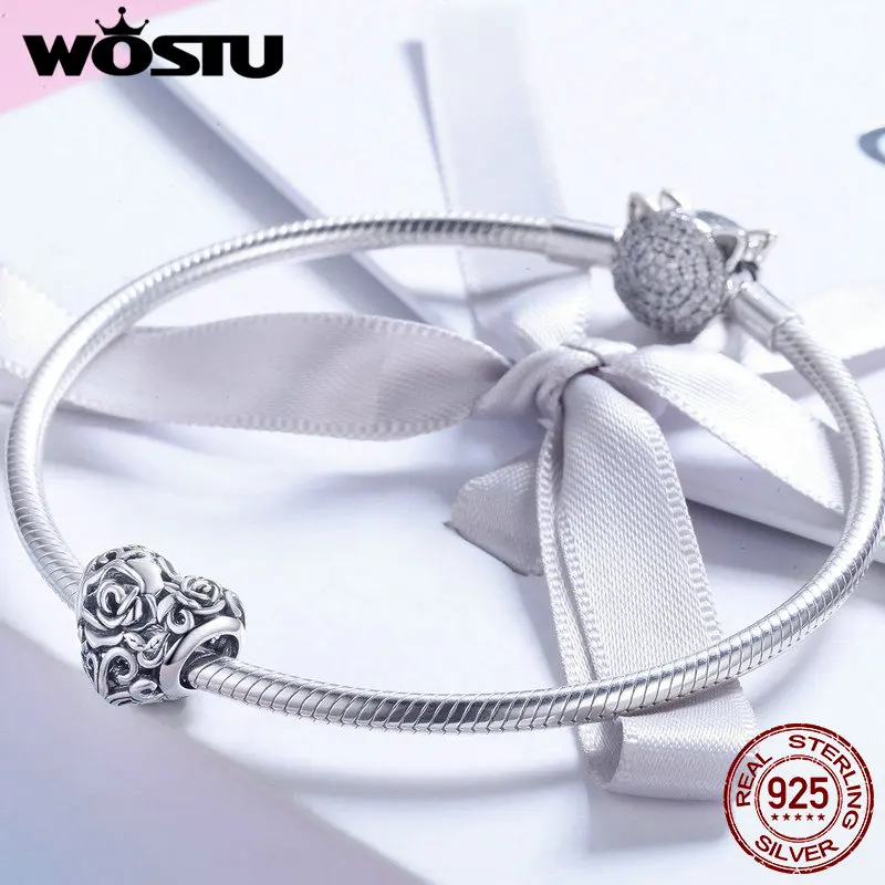 WOSTU, модный, настоящий 925 пробы, серебряный, романтичный, роза, цветок, сердце, бусины,, сделай сам, браслет, женский, ювелирное изделие, подарок, FIC790