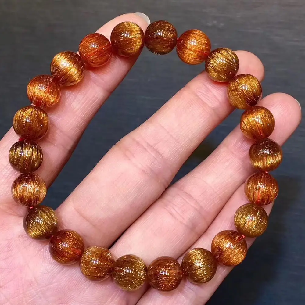 

8.7mm Natural Copper Rutilated Bracelet For Women Men Strong Cat Eye Round Beads Quartz Luxury Crystal Fashion Bracelet AAAAA