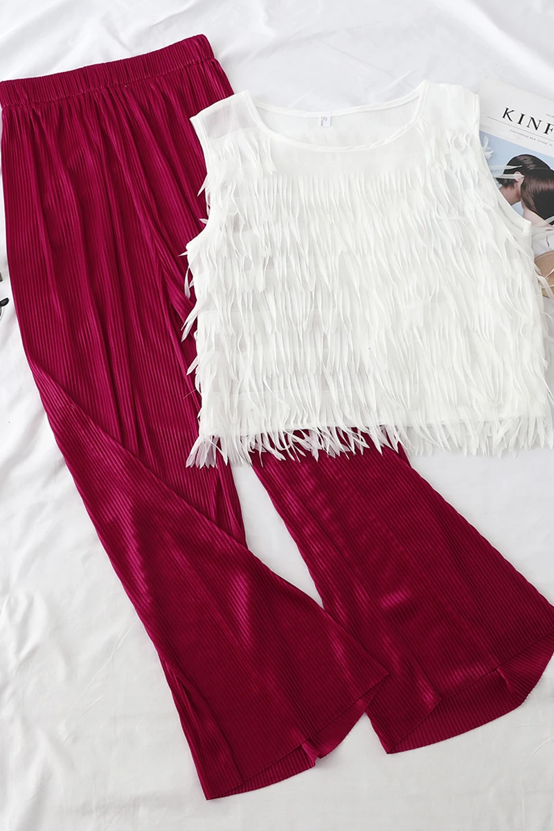 Кисточки шифон майка и широкие брюки Джокер женские наборы 2019 новые летние