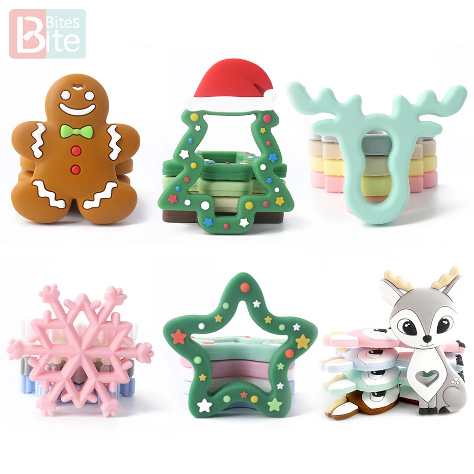 Mordedor de silicona para morder, cadena de chupete de copo de nieve para &aacute;rbol, regalo de Navidad, Calidad Alimentaria, ciervo Sika, 1 ud.-0