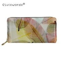 elviswords women wallets luxury leather zipper leaves print female fashion wallets and purses ladies passport cover coin holder