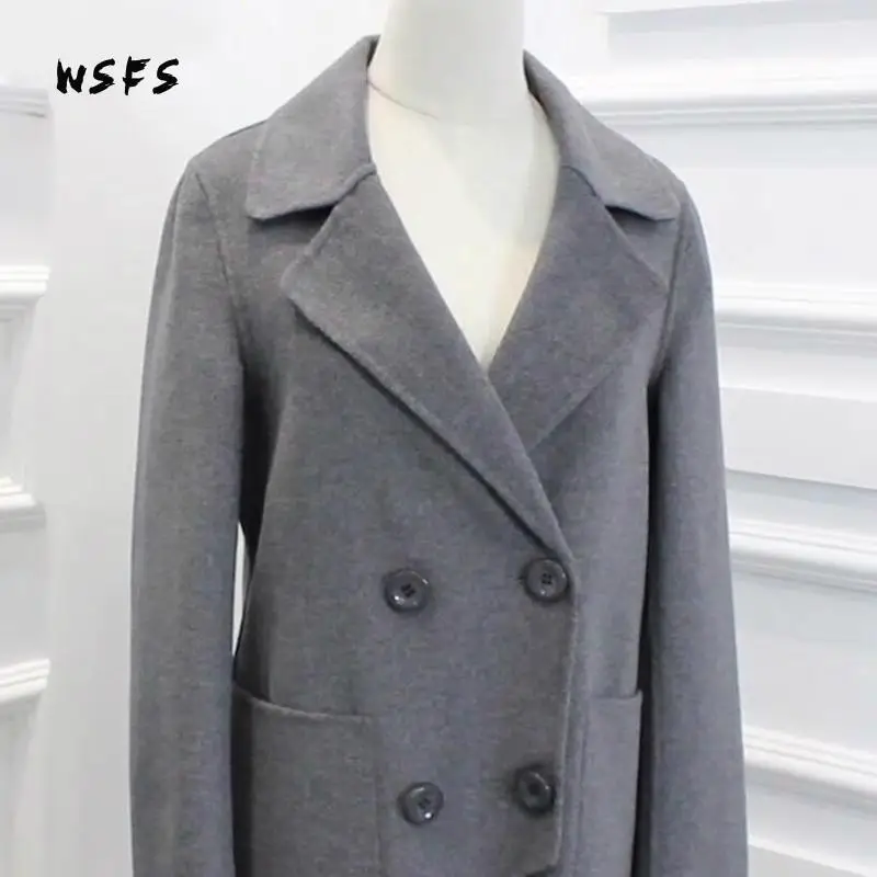 

Winter Coat Gray Long Sleeve 100% Sheep Wool Womens Coats Double Breasted Turndown Office Lady Elegant Trench Woolen Overcoats