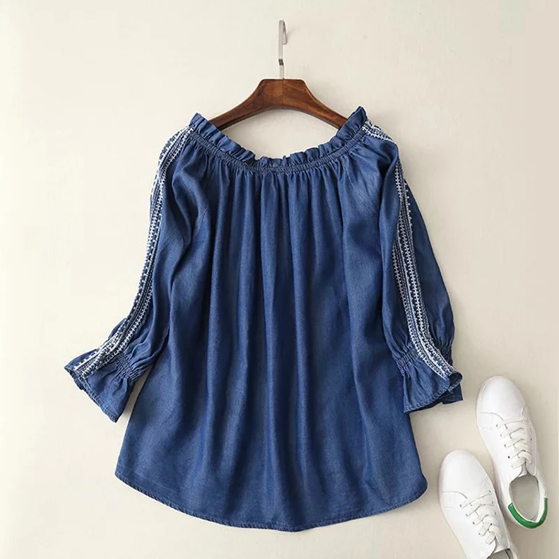 Осень Лето blusas femininas джинсовые рубашки для дам Тяжелая Вышивка Повседневная Блузка женские свободные джинсовые рубашки синий