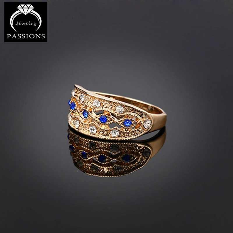 Хит продаж богемное кольцо в этническом стиле Синие стразы золотистый цвет