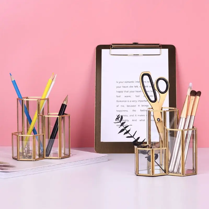 

1Pcs Hollow Three Hexagons Pen Holder Makeup Brushes Vase Storage Box With Nordic Style Home Office Desk Container Tool