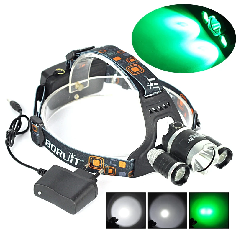 BORUIT 6000LM 3x XM-L T6 + 2R2 зеленый светодиод 2X 18650 налобный фонарь зарядное устройство |