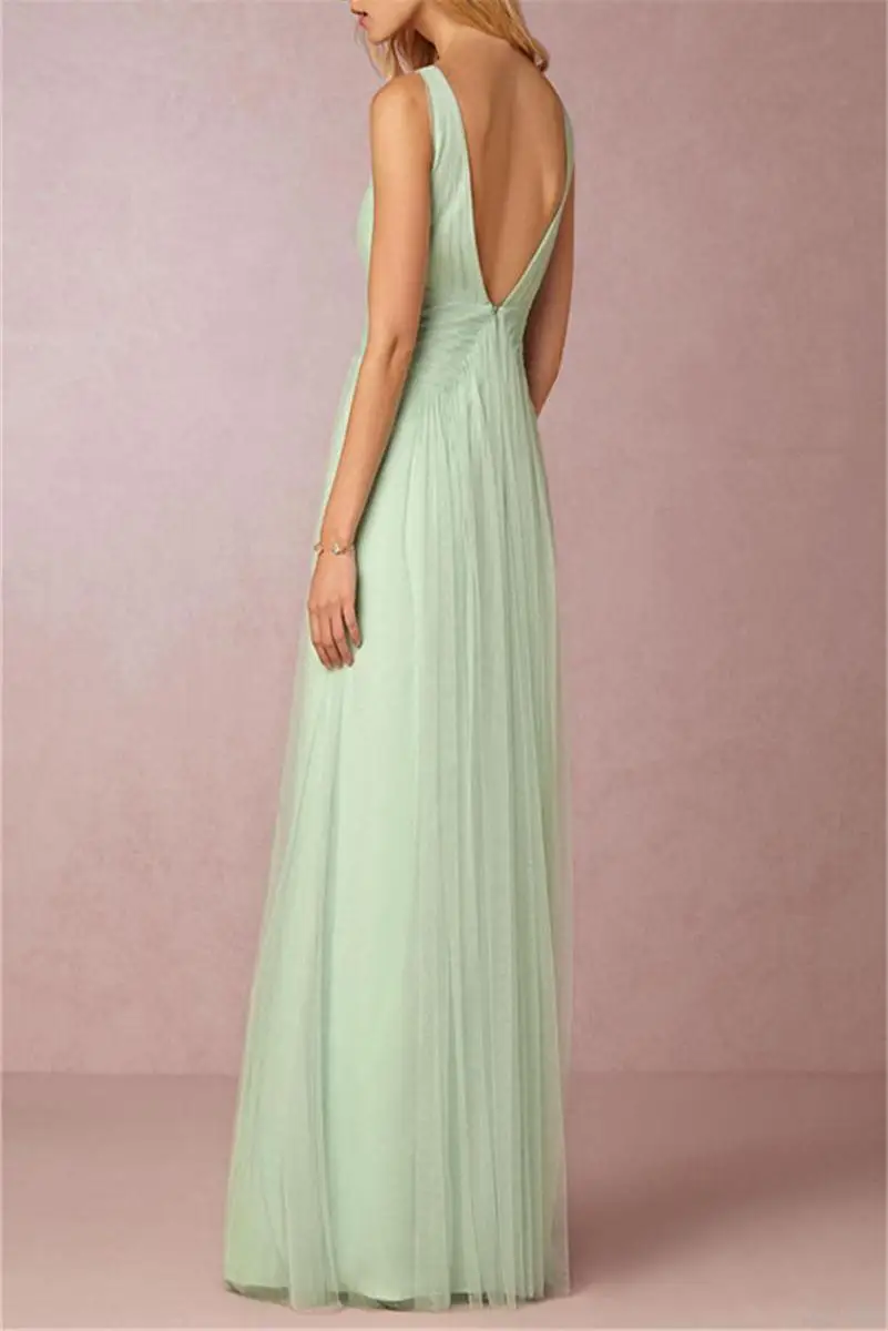 

2017 New Simple Double V Tulle Bridesmaid Dress A Line Fashion Sleeveless Floor Length Gowns for Formal Event Wedding Party