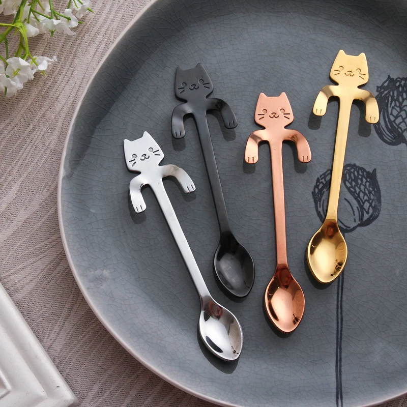 4 шт./лот Кот комплект кофейных ложек из нержавеющей стали dessertspoon мини мороженое Конфета маленькая кухонная чайная ложка аксессуары посуда