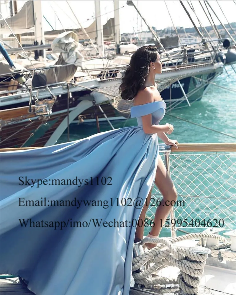 Elegant Satin Blue Prom Dresses With High Side Slit 2021 Sexy Off Shoulder Formal Evening Party Gowns For Women Robe de soiree | Свадьбы и