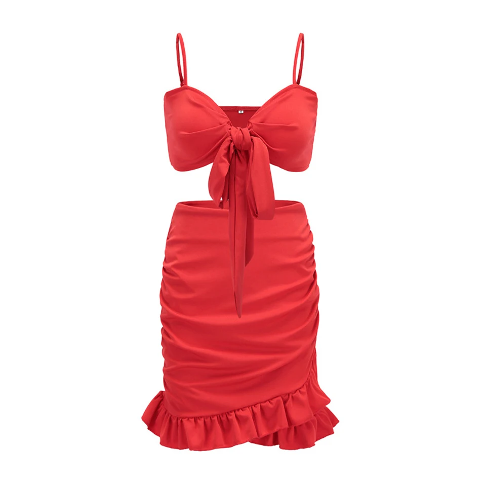 Karlofea женское платье с рюшами и лямкой на шее однотонное красное пляжное