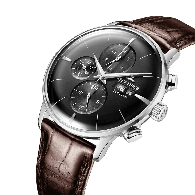 Reef Tiger Classic Serier RGA1699 мужские модные деловые часы с двойным календарем автоматические механические наручные часы-серебро
