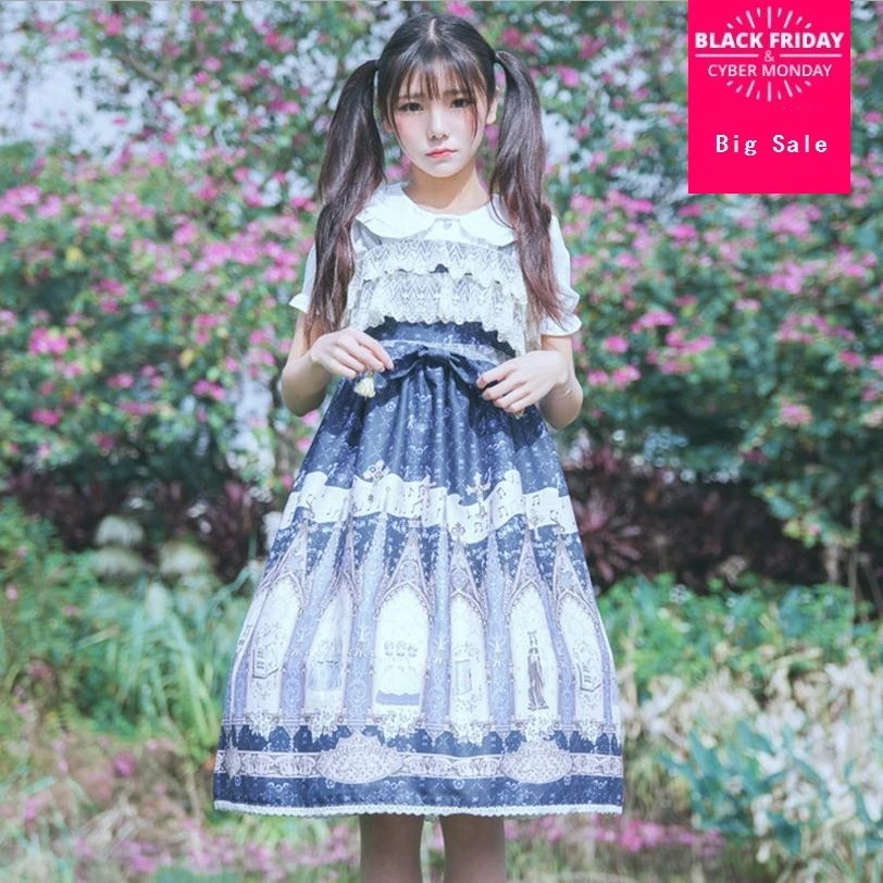 

Мягкое кружевное платье с бантом в японском стиле, модель wj268 с высокой талией и принтом на тонких лямках, 2020