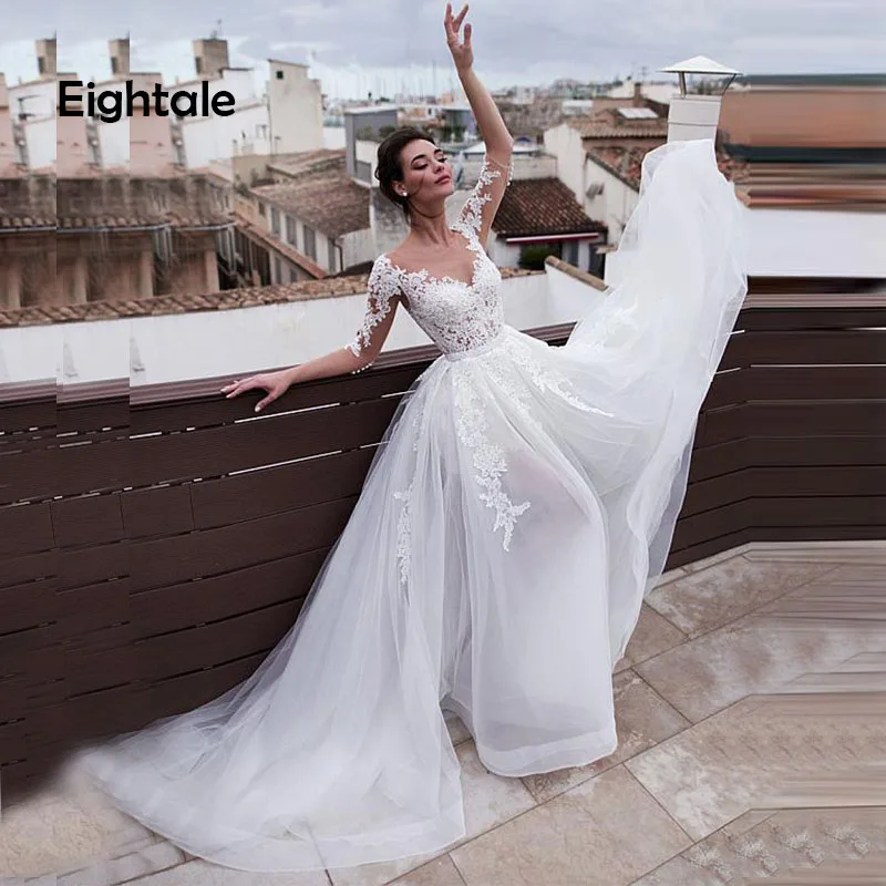 

Eightale Detachable Wedding Dresses Boho Scoop Lace Appliques A-Line Beach Bride Dress 2019 Wedding Gowns robe de mariage femme