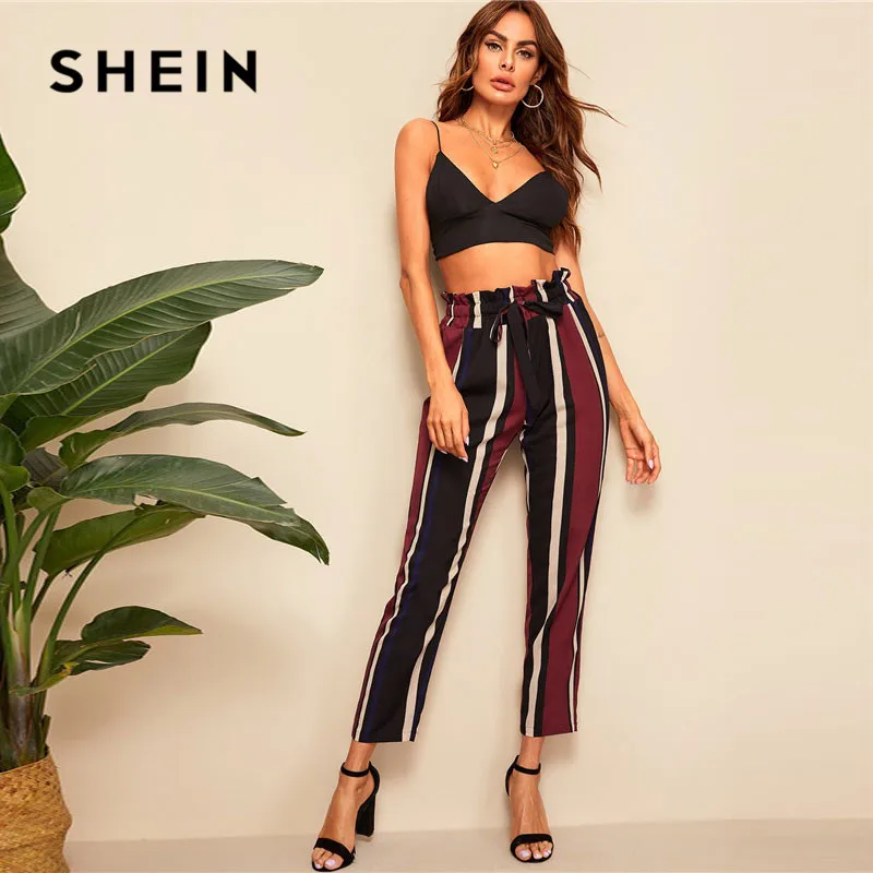 SHEIN женские брюки в полоску с высокой талией,, элегантные брюки с высокой талией, весна-лето, офисные женские рабочие брюки
