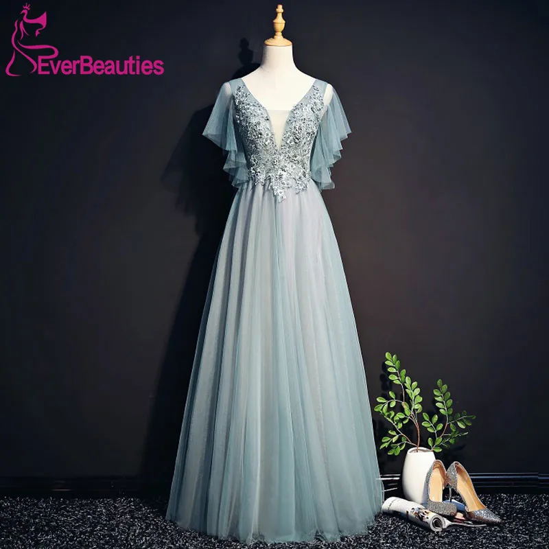 

Evening Dresses Long 2020 V Neck Tulle Appliques Beading Party Gowns Evening Gowns Robe De Soiree Long Gown Evening