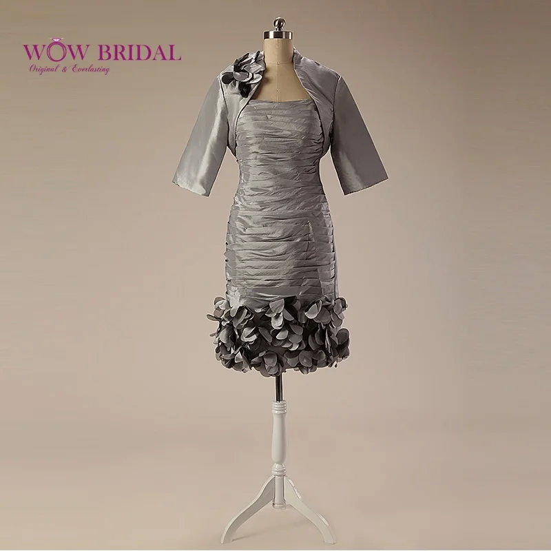 

Wowbridal Taffeta Silver Mother of the Bride Dresses with Jacket Short Mini Evening Dresses Mother Bride Suit SH0026