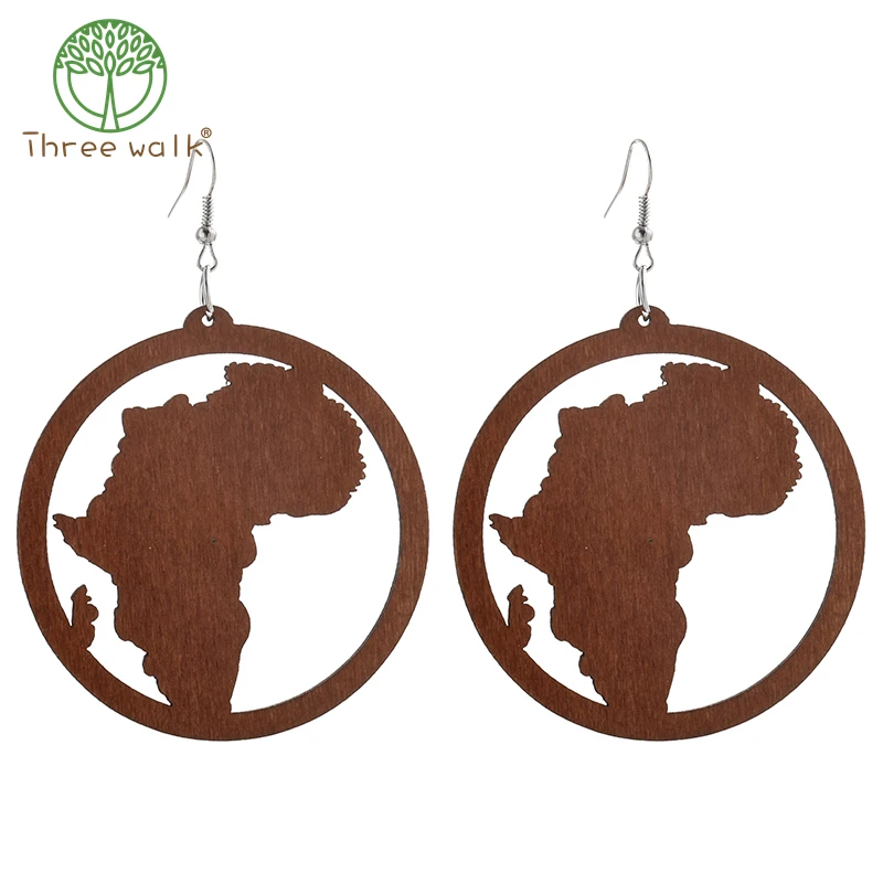 

Vintage Natural Round Wood Earrings Map Africa For Party Women Decoration