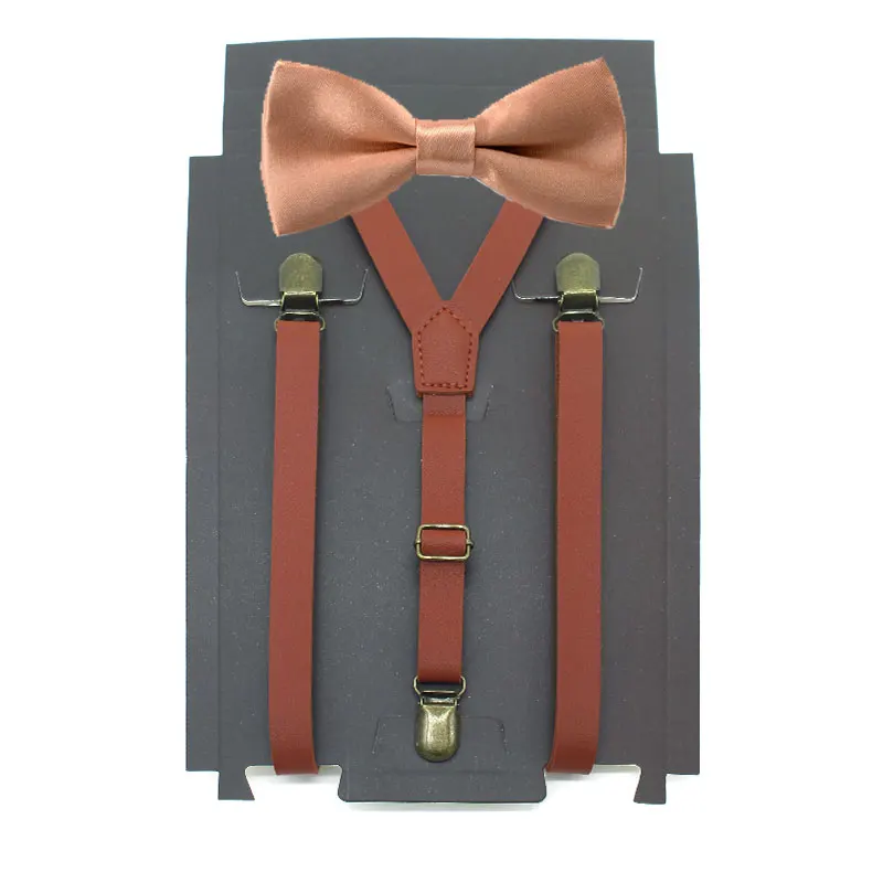 BROWN-BOW 3 зажима Y Back Kid коричневый кожаный подтяжки и галстук-бабочка кольцо носитель бабочка комплект наряд на день рождения 80*1,5 см регулируемый - Цвет: BROWN-BOW
