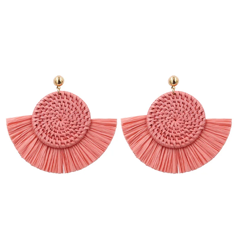 A23761Watermelon red Леопардовые плетеные Висячие серьги для женщин, богемная кисточка из рафии, серьги с геометрическим плетением из ротанга, трендовые серьги - Окраска металла: A23761Watermelon red