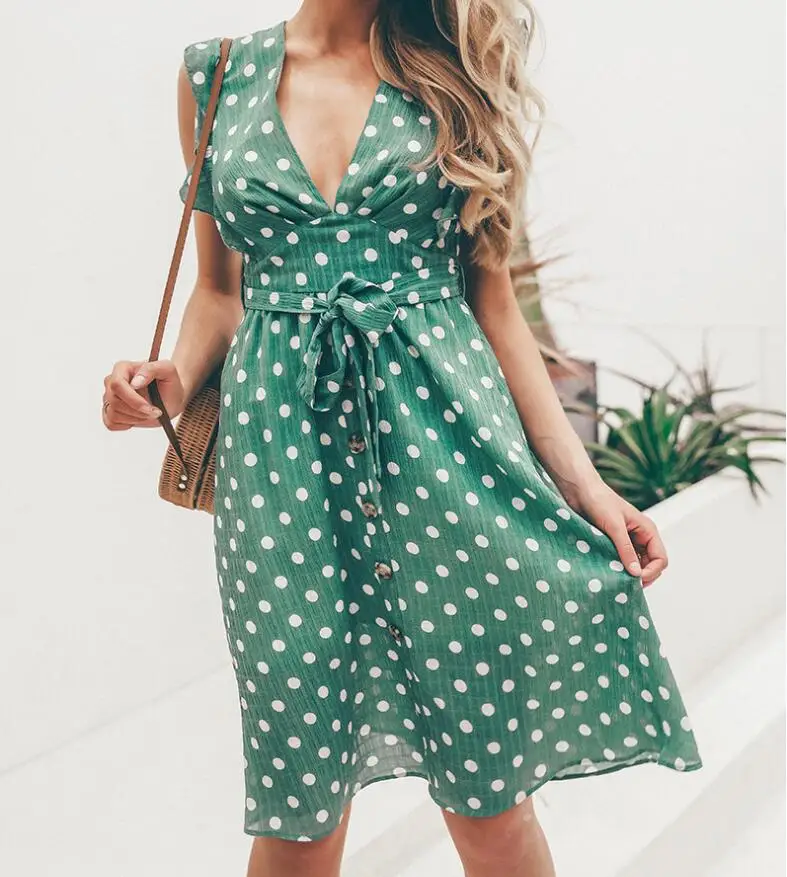 Женское богемное платье миди в горошек элегантное весеннее пляжное с оборками и