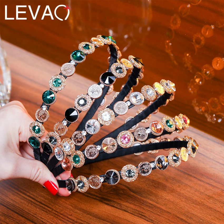 

LEVAO Baroque Coins Rhinestone Headbands Temperament Retro Crystal Thin Hair Hoops Girls Alloy Crown Square Rhinestone Hairbands