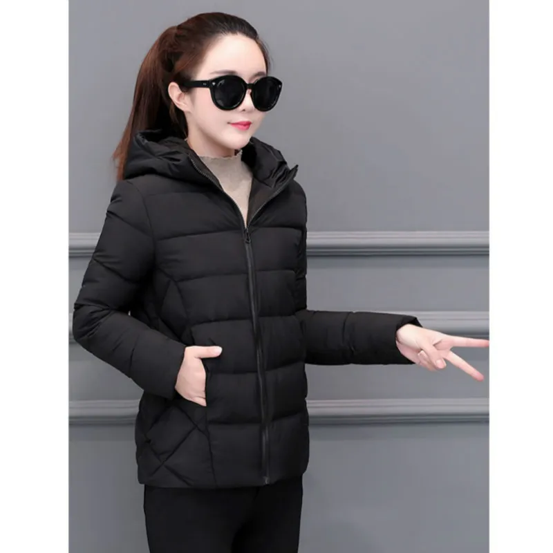 2019 Hooded Women Winter Jacket Short Cotton Padded Womens Coat Autumn Casaco Faminino Inverno Solid Color Parka Stand Collar | Женская
