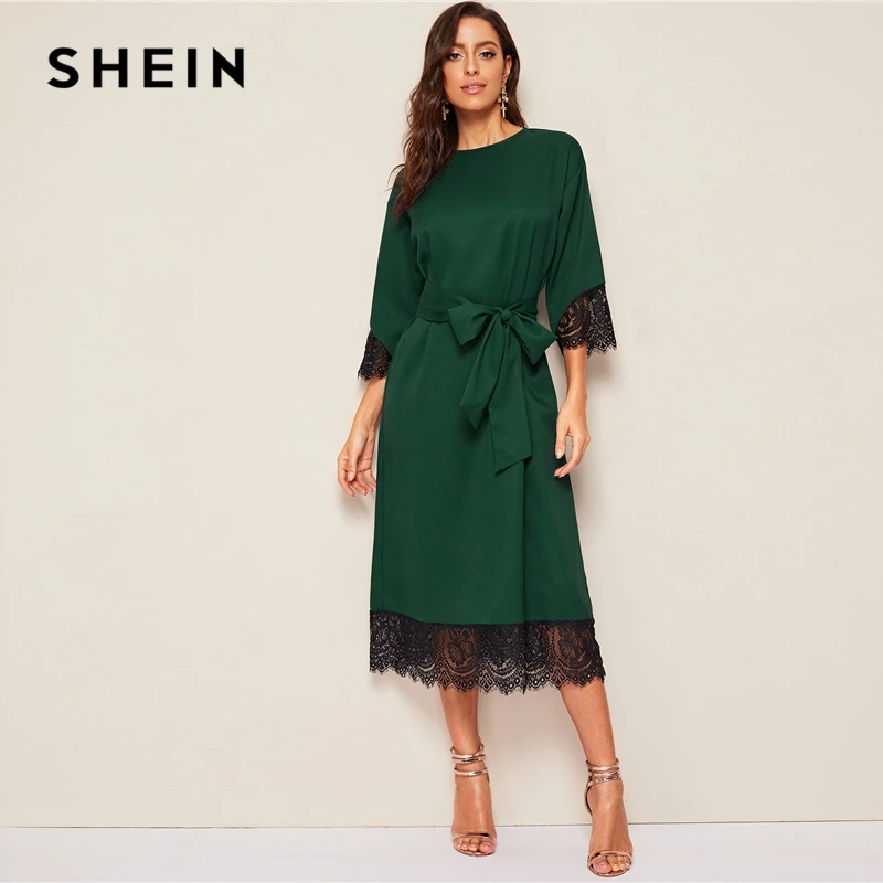 SHEIN стильный абайя зеленый ресницы кружева подол поясом длинное платье-туника Женские Элегантные Твердые Лето Осень офисные женские прямые платья
