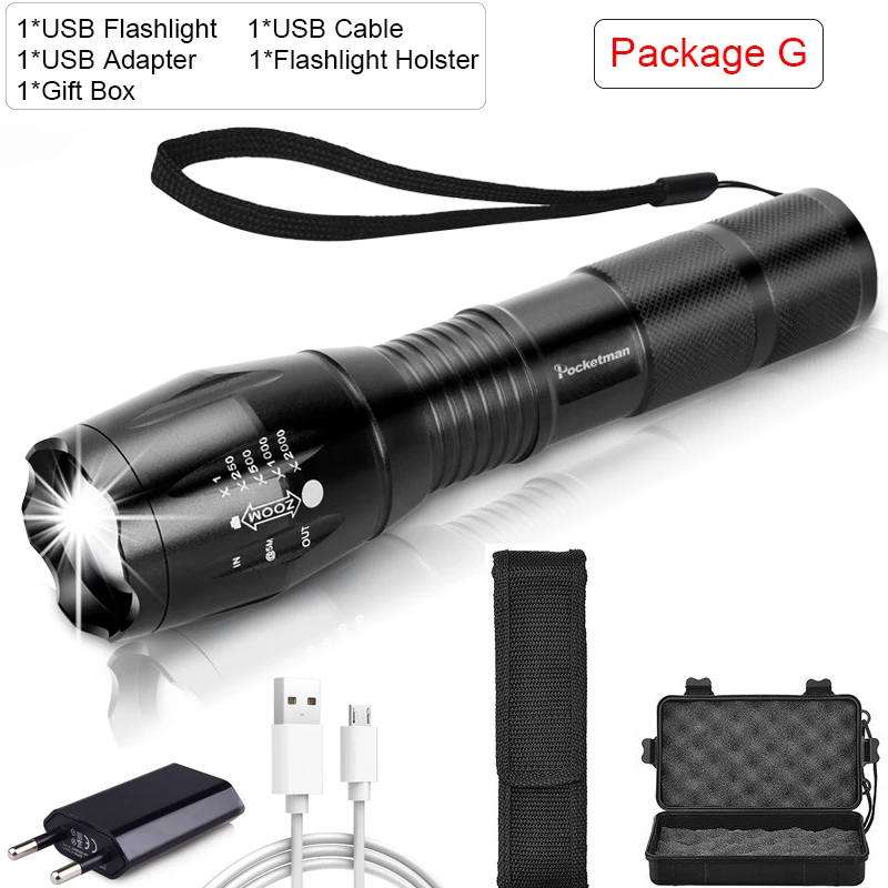 Package G 10000лм Мощный USB Фонарик светодиодный+ COB фонарь L2/T6 тактический фонарик масштабируемый перезаряжаемый светодиодный фонарик с usb-кабелем - Испускаемый цвет: Package G