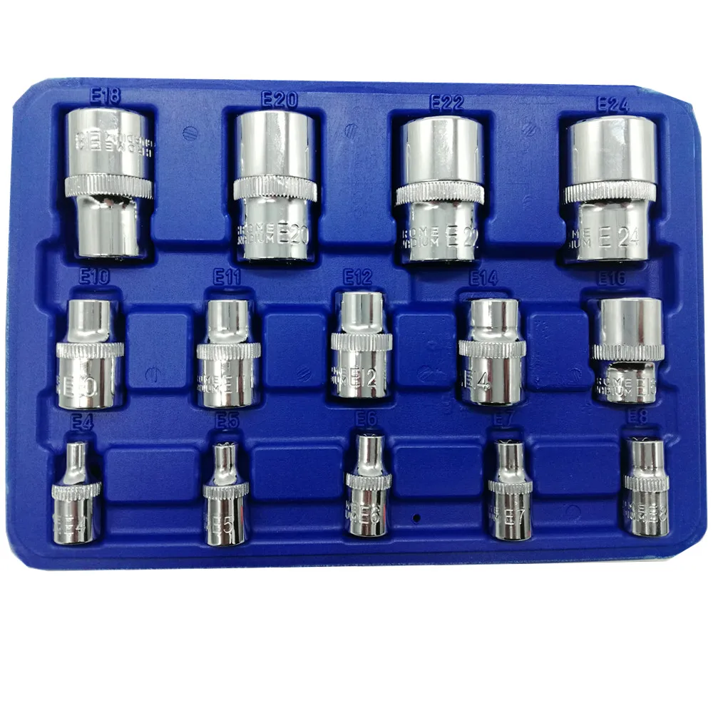 Новинка 14 шт. набор женских гнезд Torx Star E4 E5 E6 E7 E8 E10 E12 E14 E16 E18 E20 E22 E24 CR V 1/2 & 3/8 1/4 дюйма