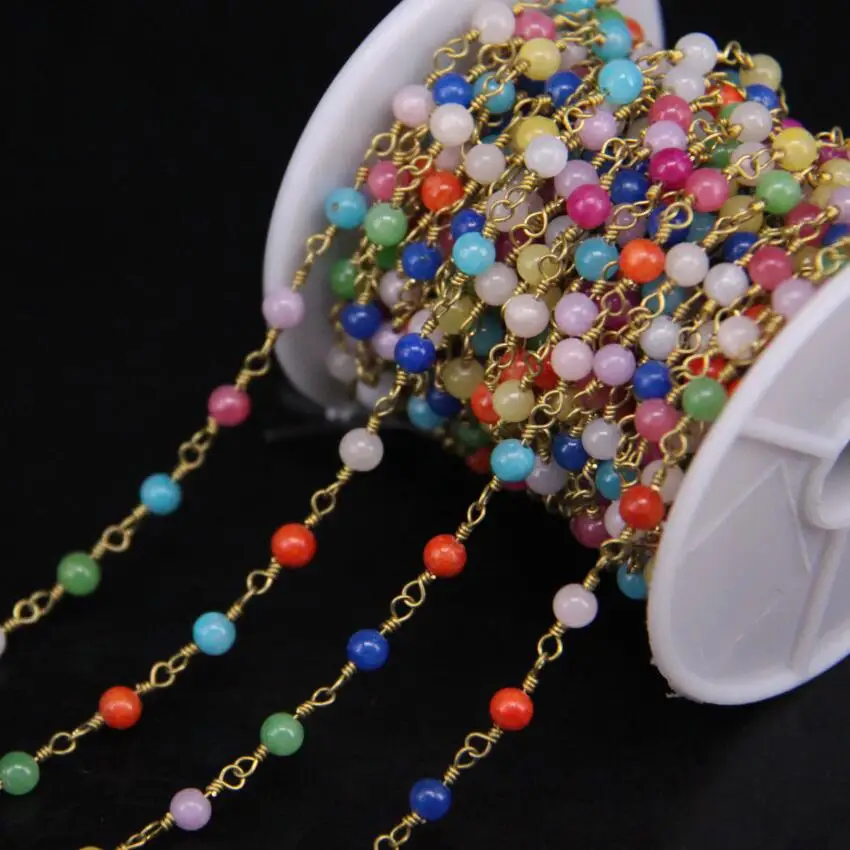 

4mm size Multicolor Malaysia Jades Rosary Chain,Mixed color Jaspers Round Bead Wire Wrapped chain Necklace Jewelry Supplies