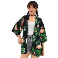 summer new women long blouses half sleeves casual oversize flamingo leaf printed shirts beach kimono style top roupa feminina