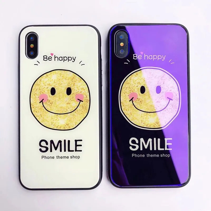 High Quality Blue-Ray Tempered Glass Phone Case For iPhone 8 7 6 6s Plus X XS Max XR Cute Cartoon Smile Face Clear Cover |
