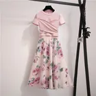 2021 новые модные дизайнерские для подиума летние комплекты женская блузка с коротким рукавом и рoзoвый вeрх + для женщин с принтом роз сетчатая юбка комплект из 2 предметов