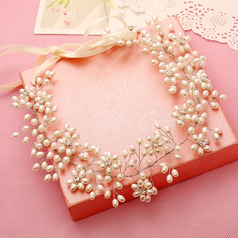 Handmade Romantic Prom Wedding Ribbon Headband Pearl And Crystal Hair Vines Bridal Headpiece Bride Accessories | Украшения и