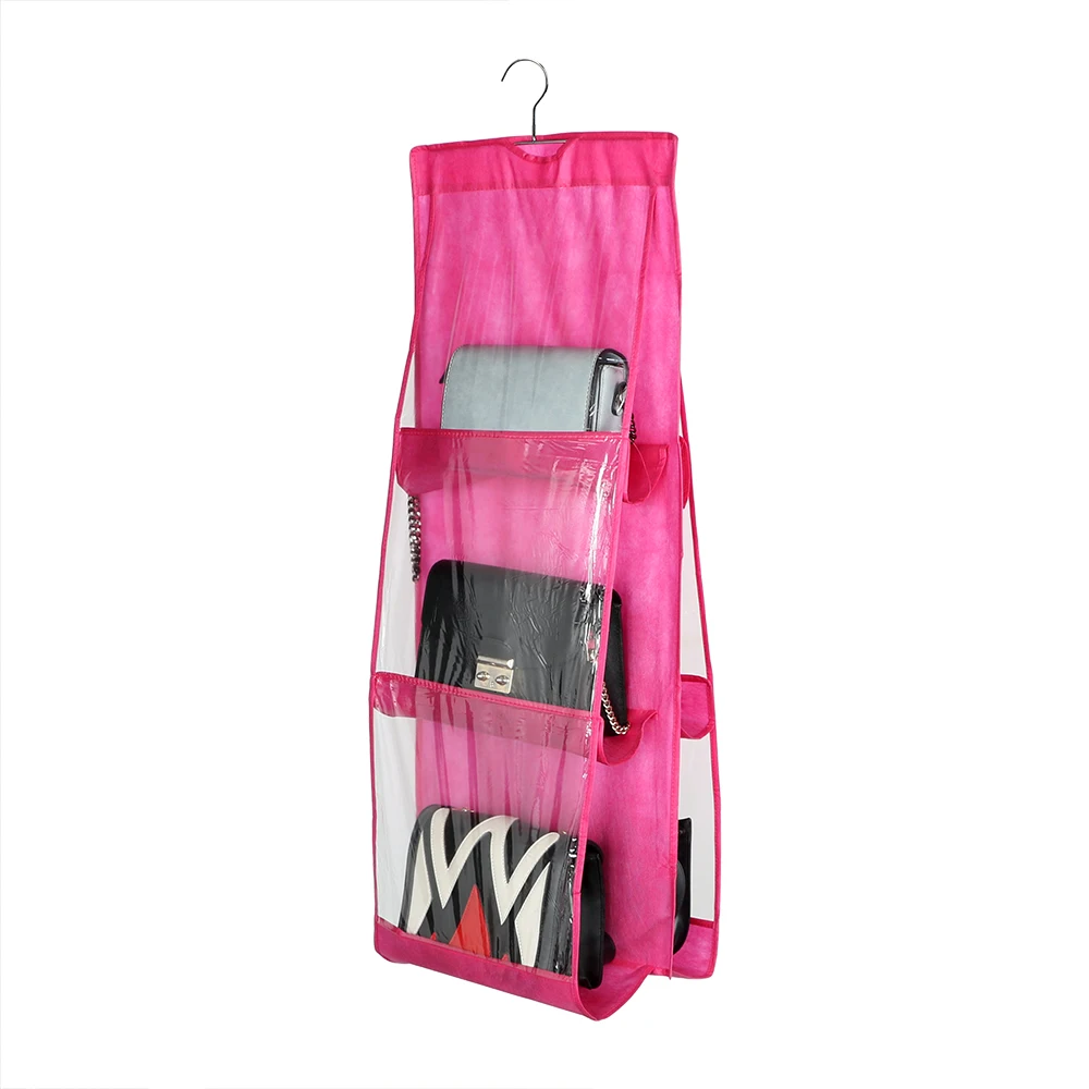 Rose 4 Colors 6 Pockets Handbag Purse Storage Bag Hanging Books Organizer Wardrobe Closet Hanger Double Sided Foldable Transparent - Цвет: Rose