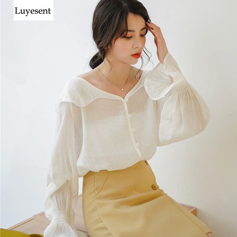 Женские прозрачные шифоновые весенние блузки Femme Ruffles фонарь рукав прозрачная