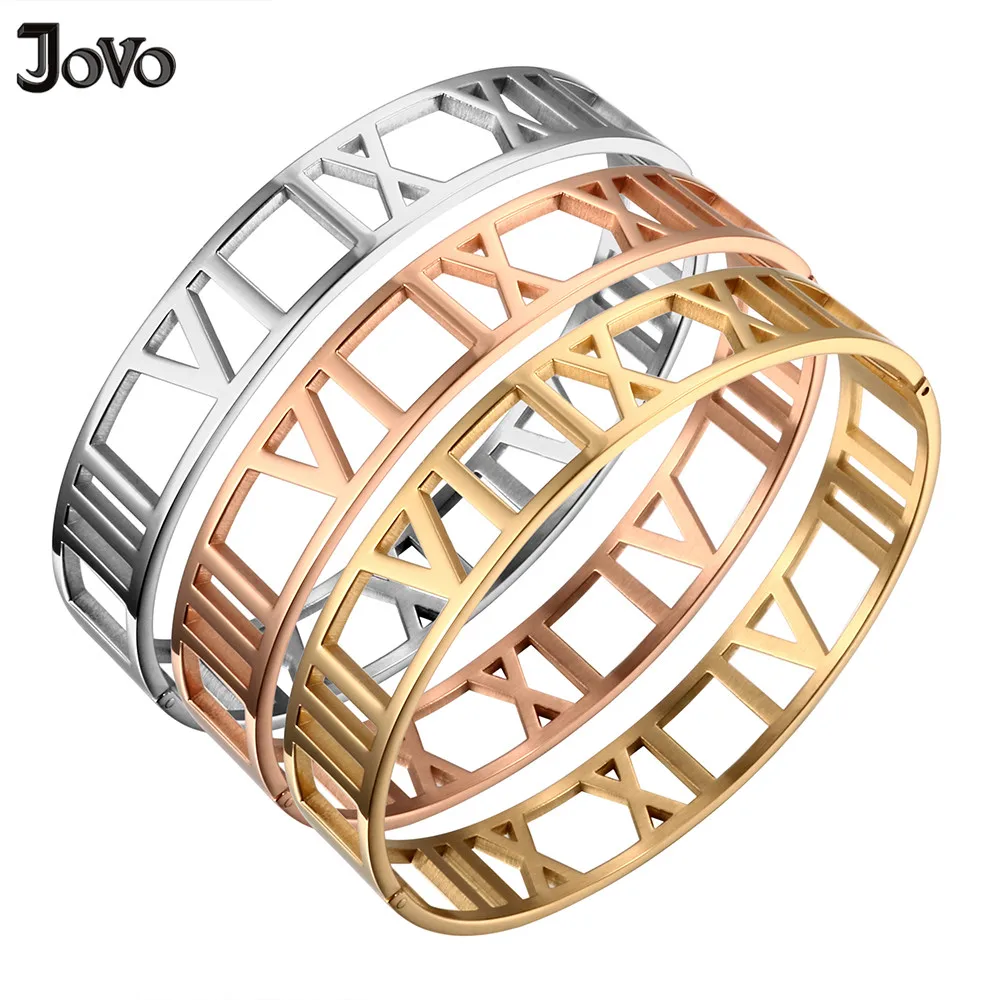 

New 316L Stainless Steel Bracelets for Women Hollowed-cut Roman Number Design Wide Cuff Bracelets & Bangle Female Wedding Gift