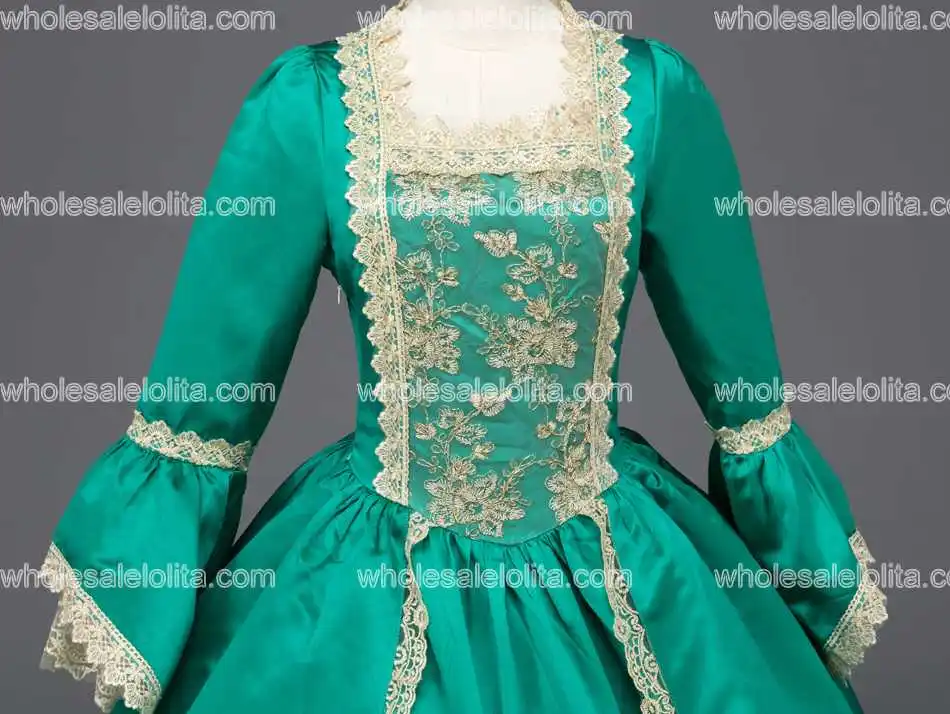 Зеленое платье Марии-Антуанетты бальное эпохи Возрождения со шлейфом