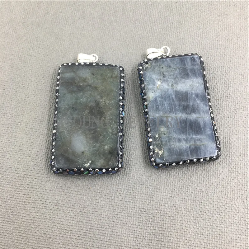 MY0960 Rectangle Labradorite Pendant Pave Rhinestone Abalone Shell Gem Stone Druzy Pendant Charm