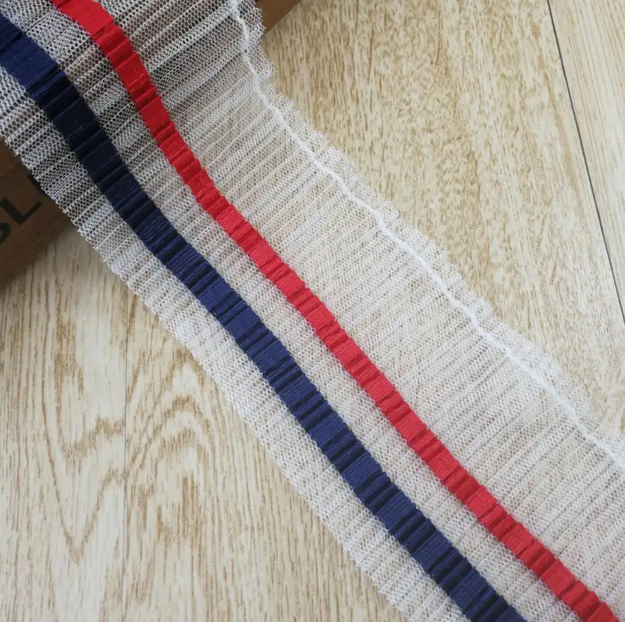 15 ярдов красный/белый/синий плиссированная шифоновая кружевная ткань отделка