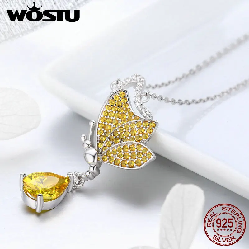 WOSTU романтическое Новое серебро 925 пробы танцевальная Бабочка Желтый CZ кулон