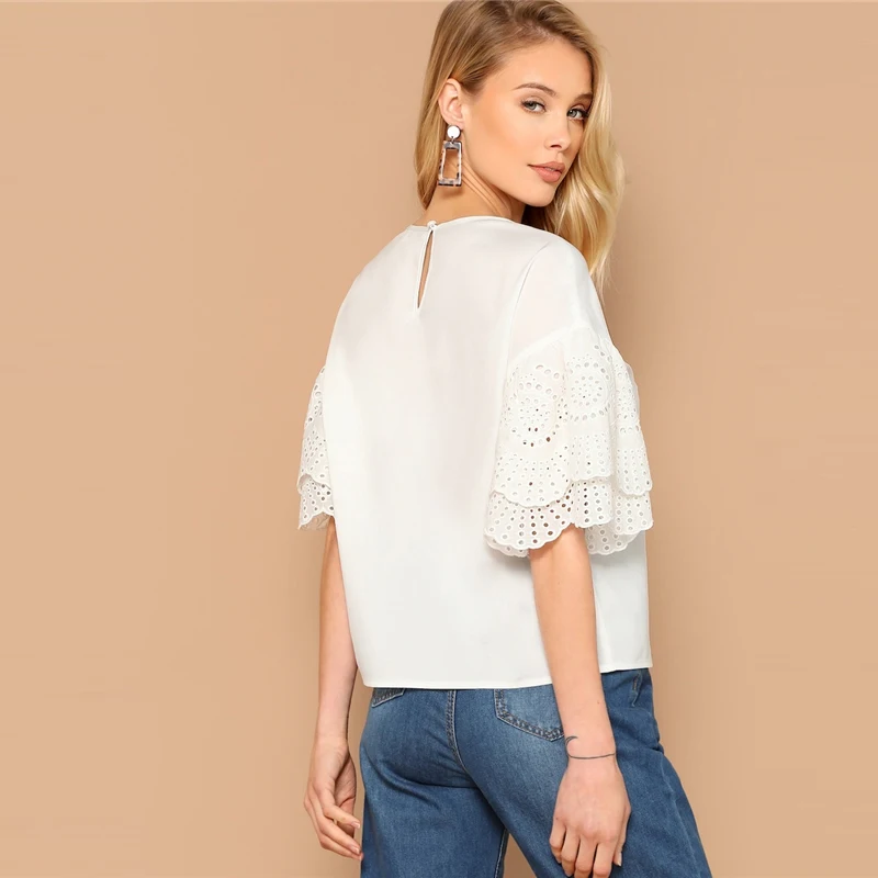 SHEIN Топ С Многослойным Оригинальным Рукавом Женские Летние Белые Элегантные Блузки С Средним Рукавом