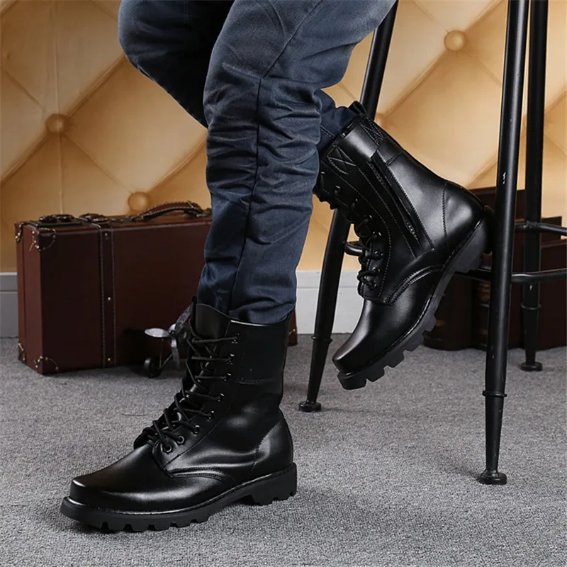 LIN KING Warm Plush Black Men Lace Up Motorcycle Boots Mid Calf Winter Shoes Steel Toe Puncture Proof Safety Man Military Boots
