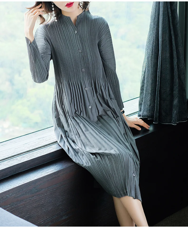 Changpleat весна осень однобортное платье Miyak Плиссированное модное дизайнерское свободное платье с длинным рукавом большого размера с карманами D9