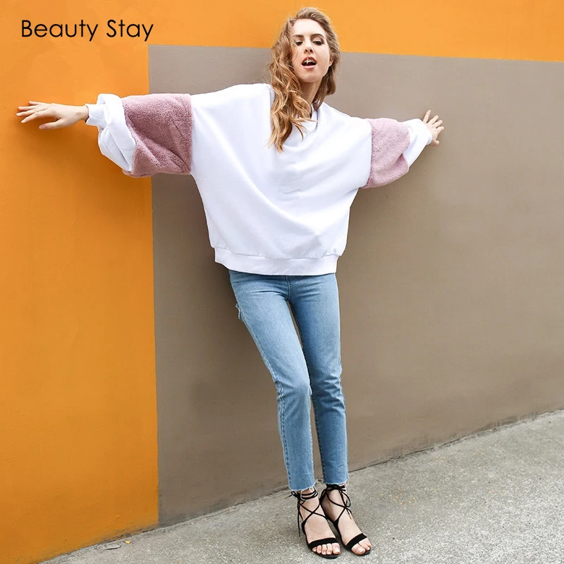 BeautyStay Loose Faux Fur Women Hoodies Sweatshirs Autumn Winter Long Sleeve Pullover Girl Oversize Patchwork Female Sweatshirt | Женская
