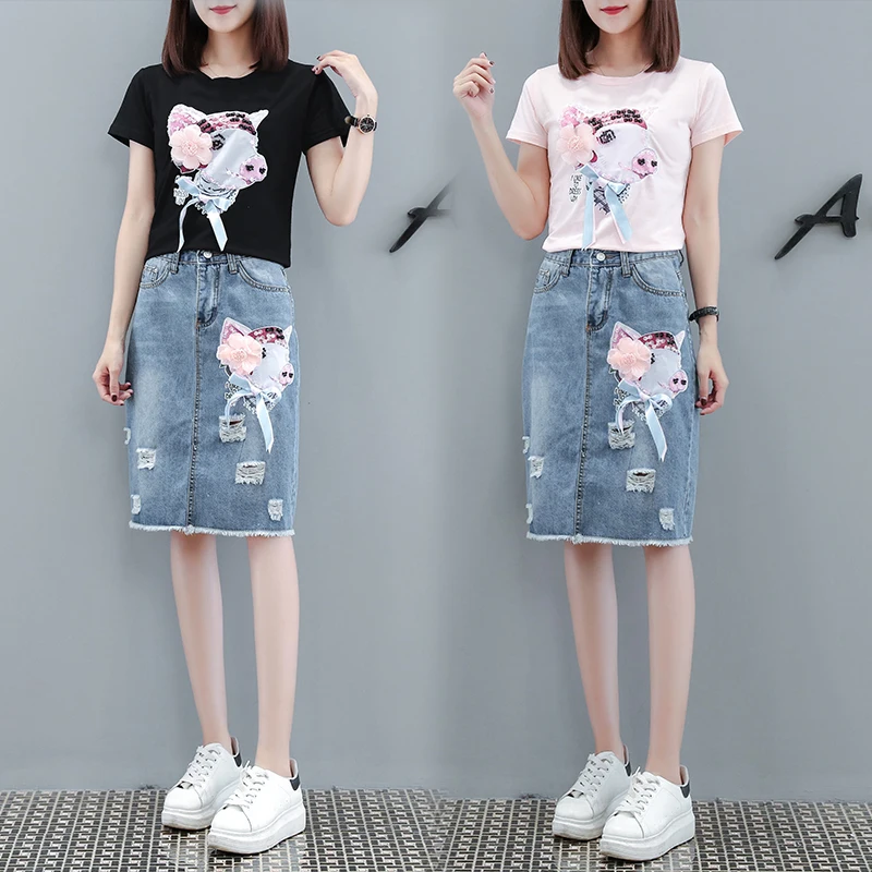 Женская Цветочная вышивка блестками хлопковая Футболка с рисунком поросенка +